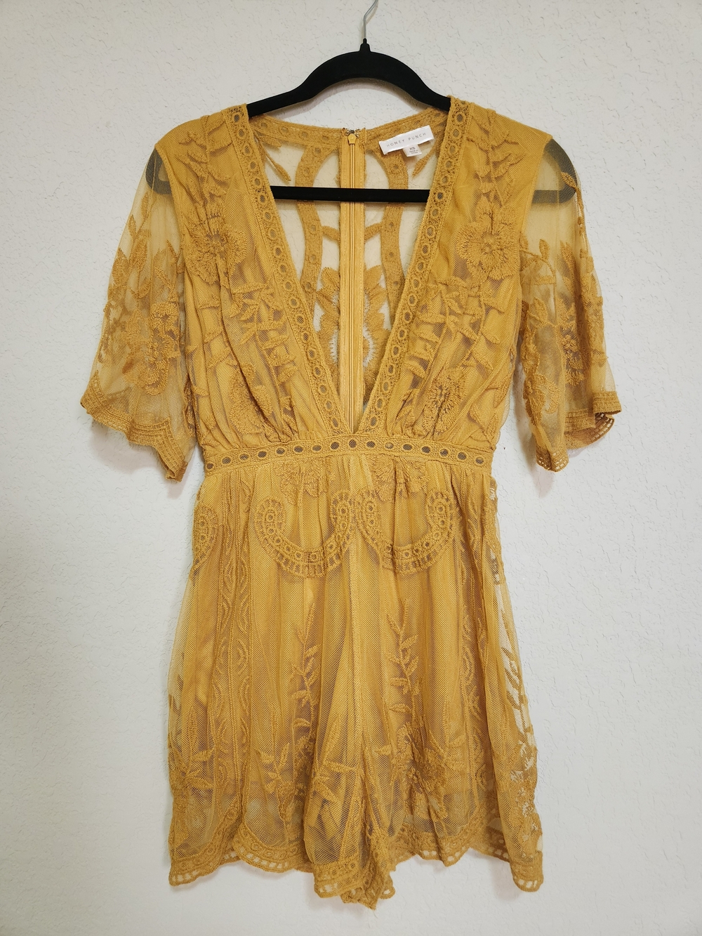 Honey Punch Embroidered Mustard Yellow Sheer Lace Boho Romper Size Xs